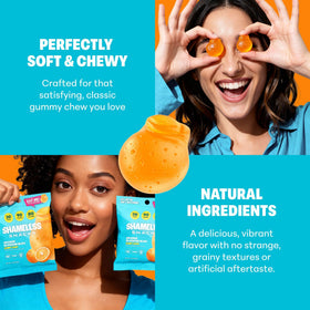 Shameless Orange Blossom Bliss gummy texture close-up reveals juicy bites.