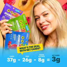 Shameless Snacks high-fiber per bag emphasis, appealing for everyday snacking.