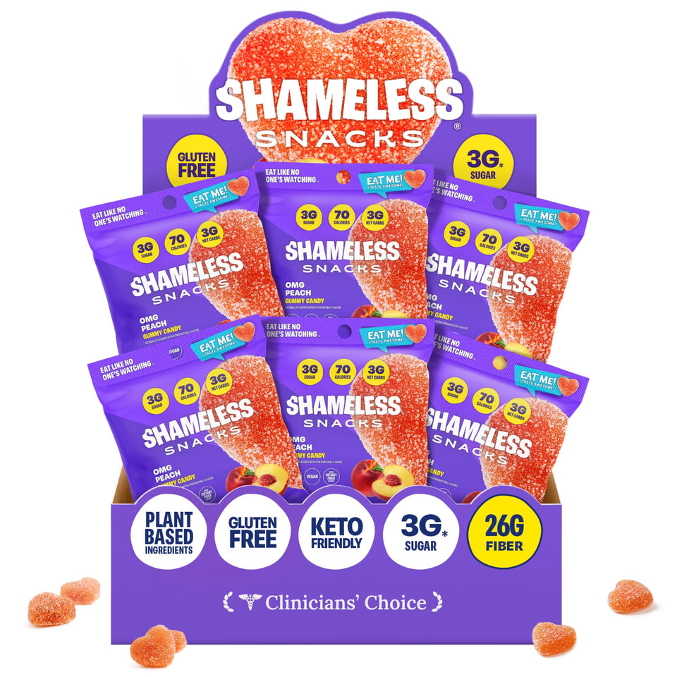 Shameless OMG Peach sour candy bag showcasing tangy flavor for snacking