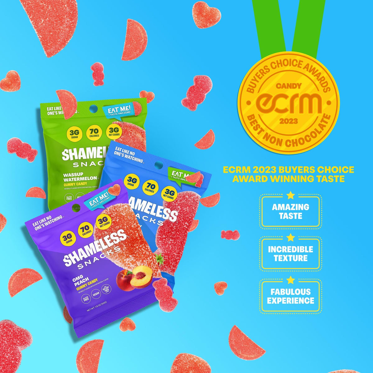 Shameless Snacks OMG Sour Peach flavor with bright gummies.
