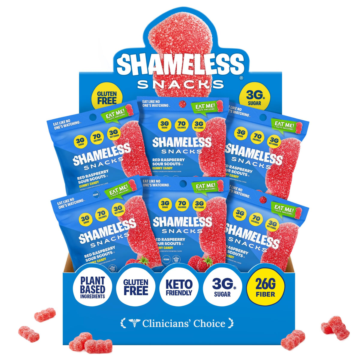 Shameless Snacks Red Raspberry Sour Scouts bag shows chewy gummies for on-the-go snacking.