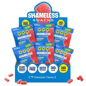 Shameless Snacks Red Raspberry Sour Scouts bag shows chewy gummies for on-the-go snacking.