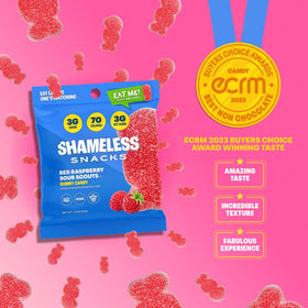 Shameless Snacks Red Raspberry Sour Scouts flavor burst suits movie nights.