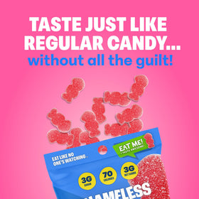 Shameless Snacks Red Raspberry Sour Scouts gummies closeup reveals vivid texture and tangy flavor.