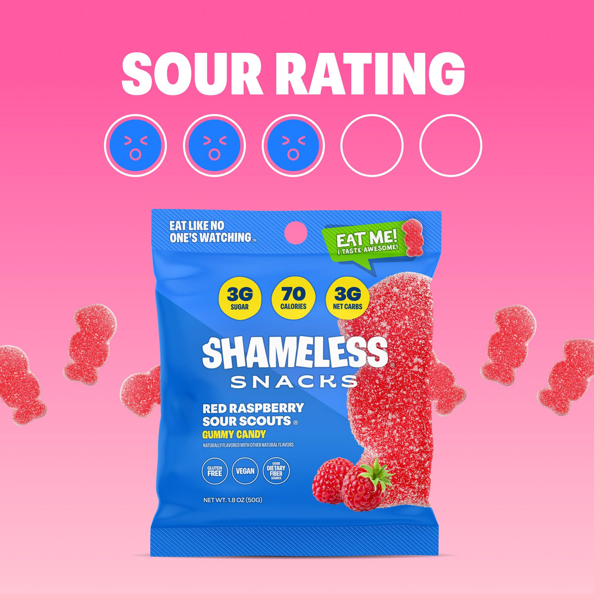 Shameless Snacks Red Raspberry Sour Scouts lunchbox-ready pack for convenient snacking.