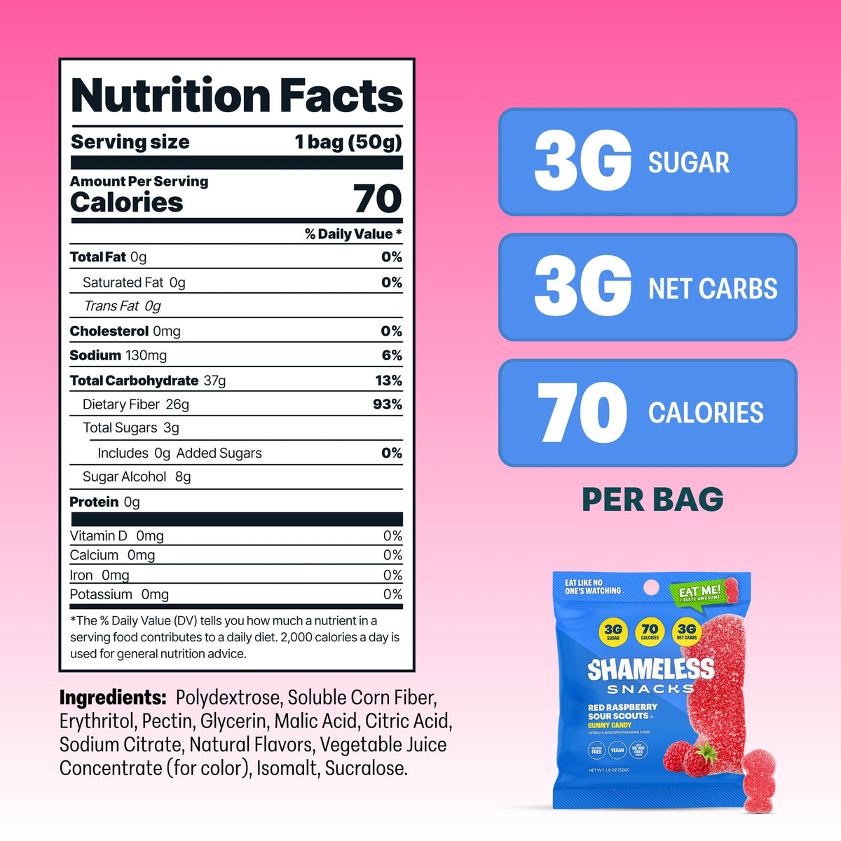 Shameless Snacks Red Raspberry Sour Scouts serving bowl suggests family-friendly candy moments.