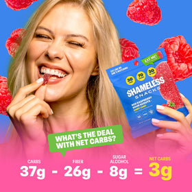 Shameless Snacks Red Raspberry Sour Scouts vegan pectin closeup signals plant-based goodness.