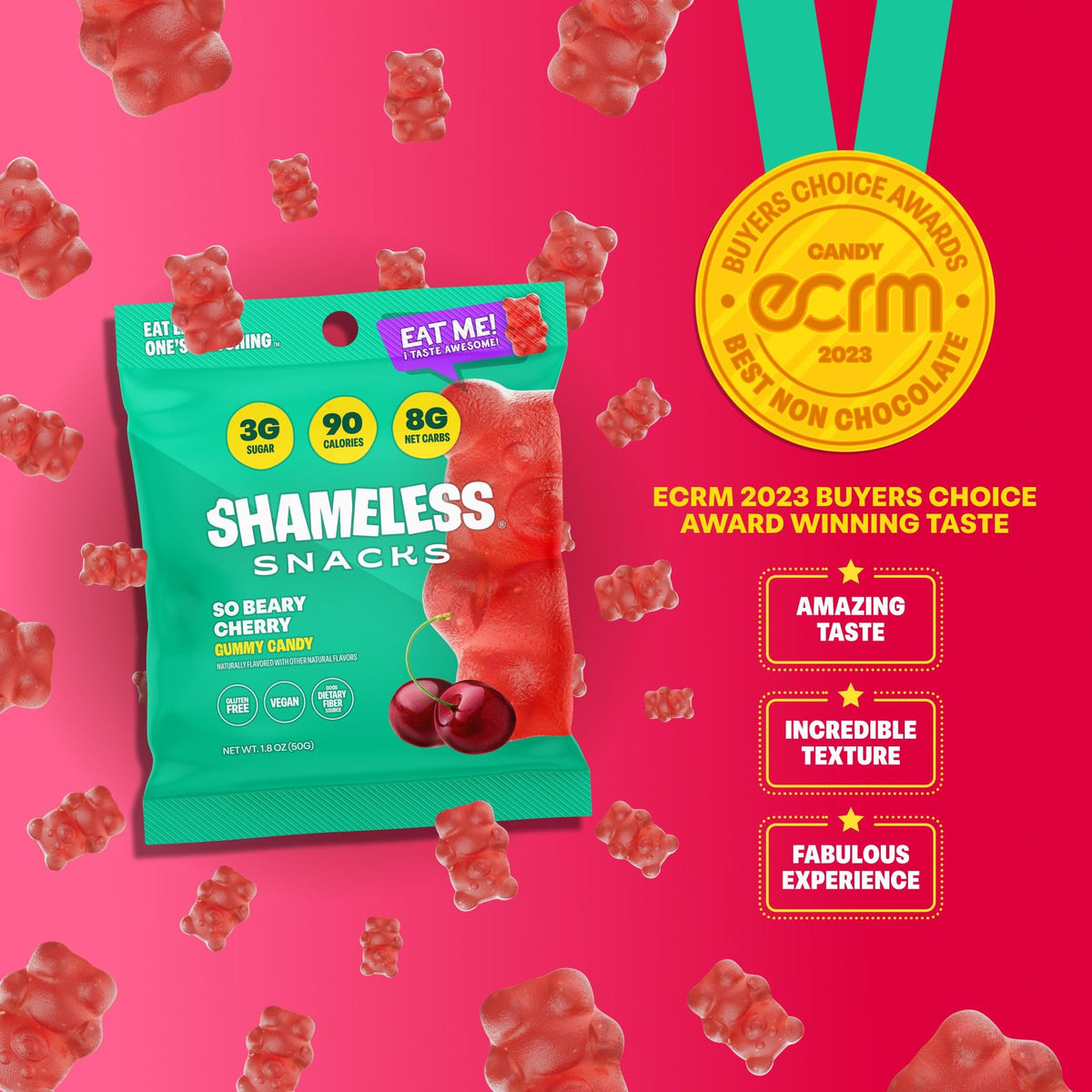Shameless So Beary Cherry bears bag detail displays vegan and gluten-free labeling