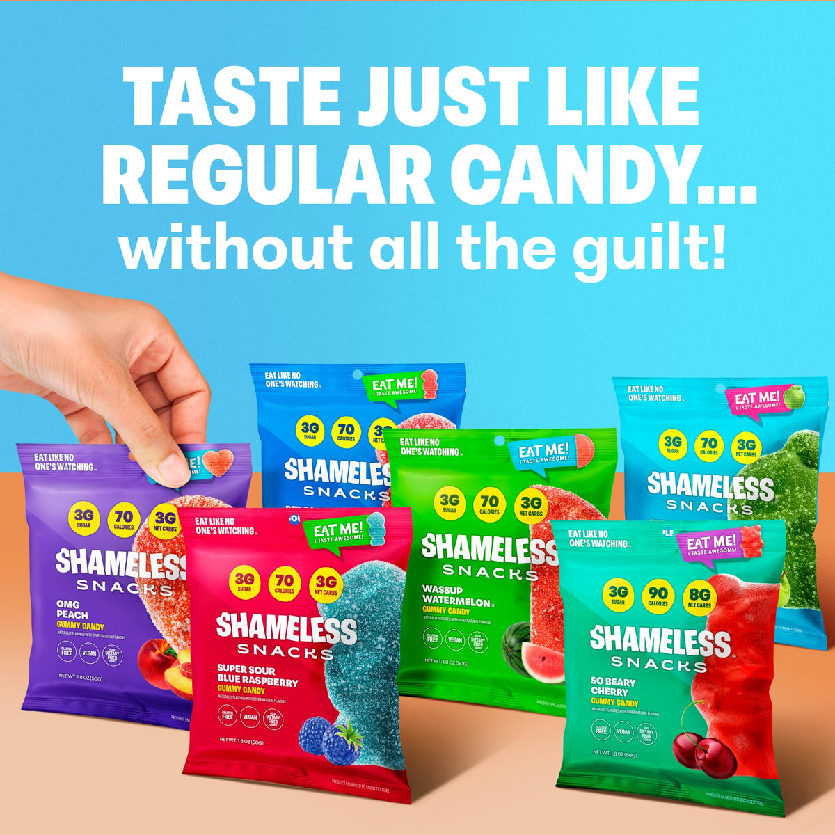 Shameless Snacks sour candy flavors lineup showcasing six flavors.