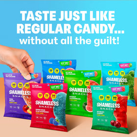 Shameless Snacks sour candy flavors lineup showcasing six flavors.