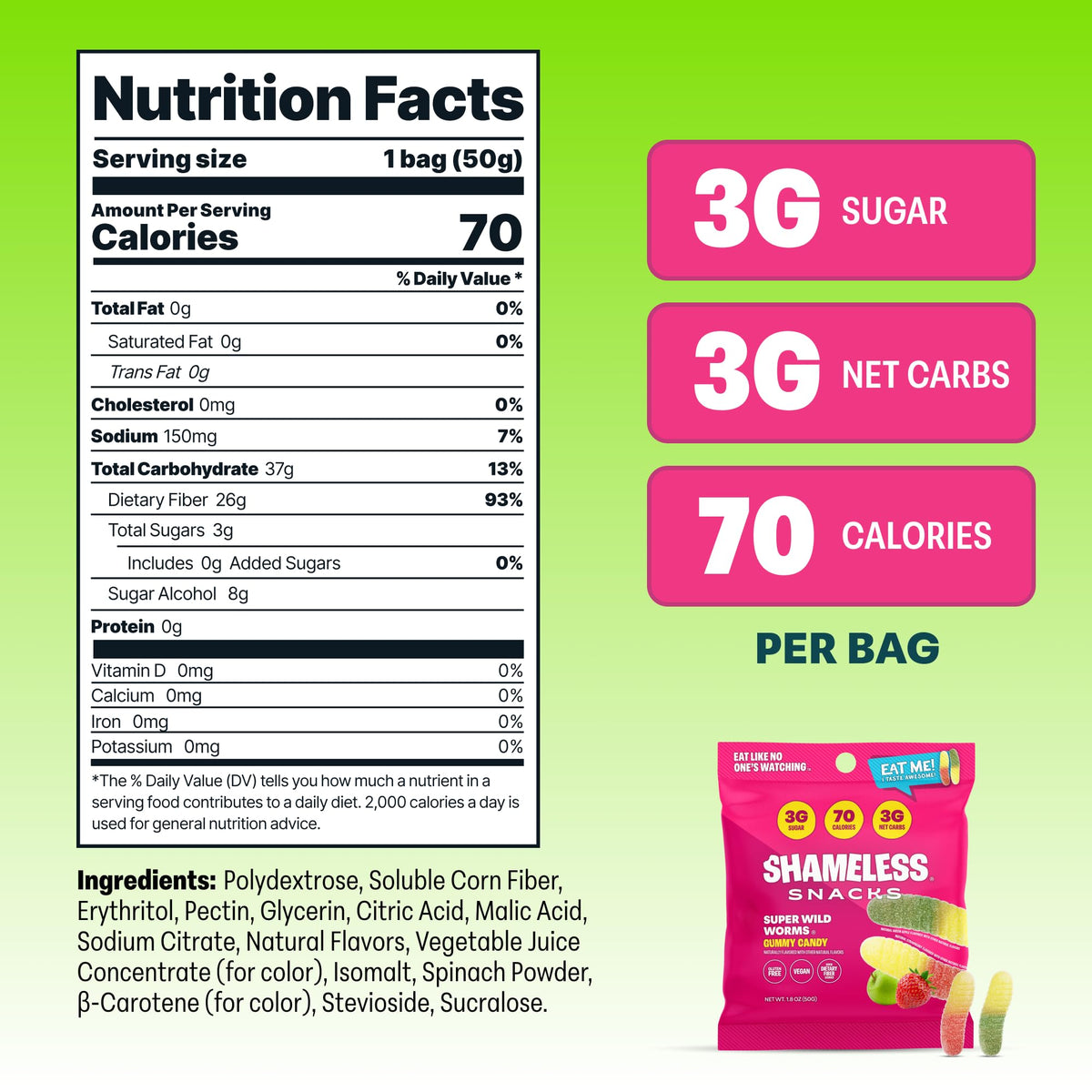 Shameless Snacks Sour Gummy Worms bag front highlighting product packaging