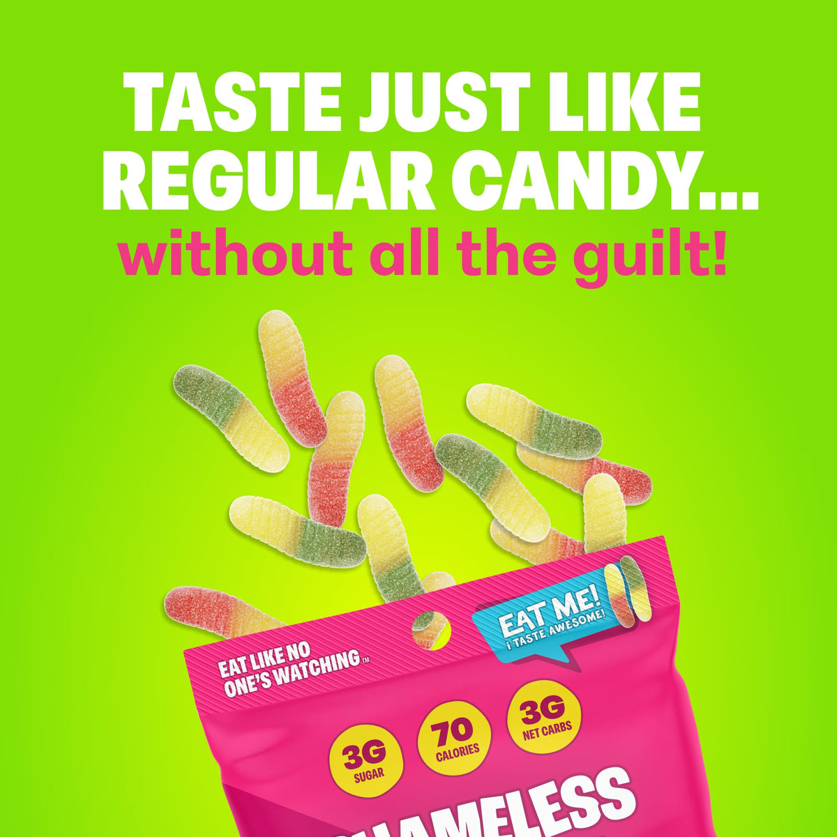 Shameless Snacks Sour Gummy Worms closeup texture showing chewy tangy coating