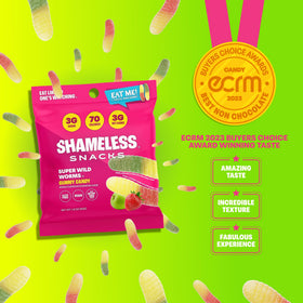 Shameless Snacks Sour Gummy Worms nutrition panel showing calories and sugar