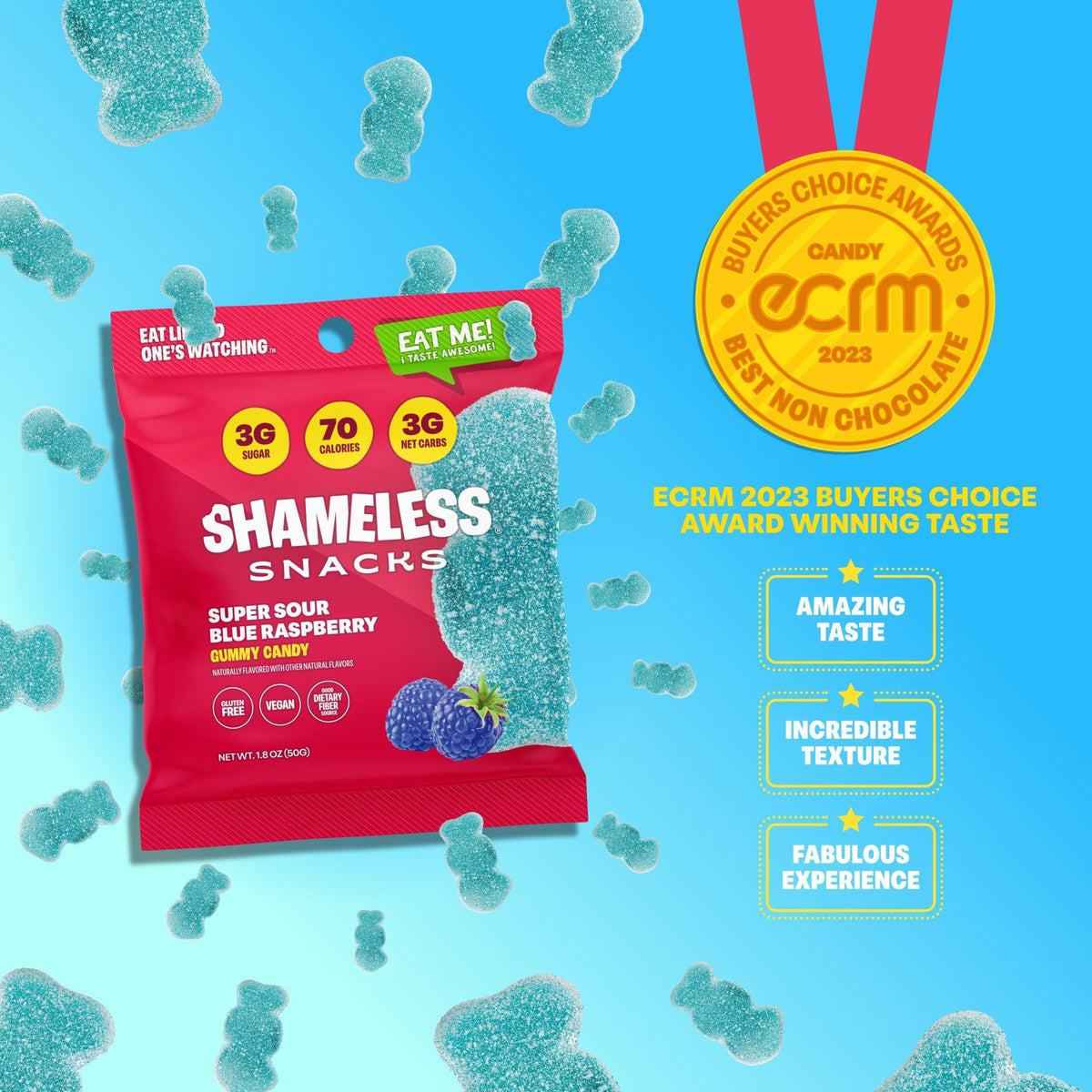 Shameless Super Sour Blue Raspberry gummy worms on plate for lunchboxes.