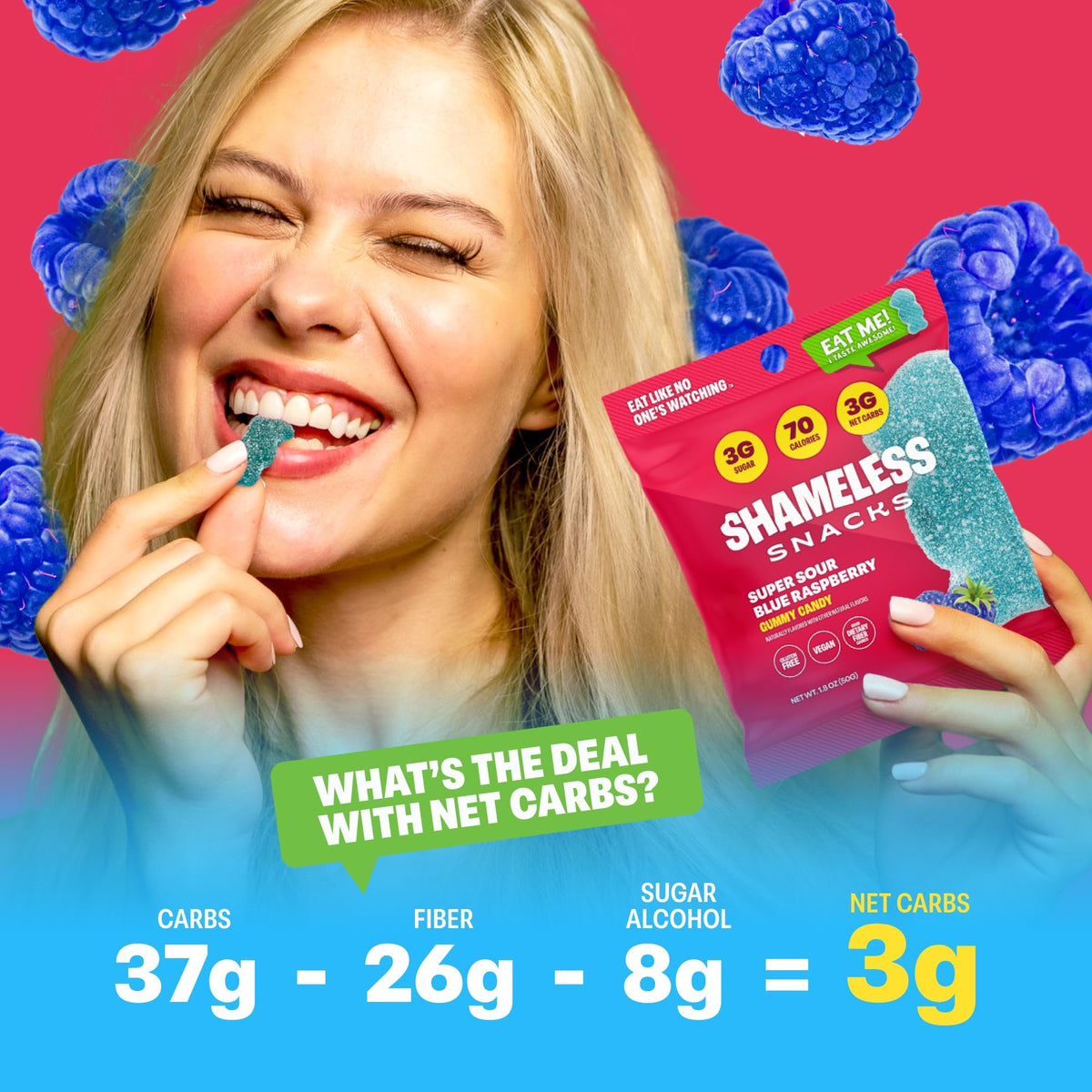 Shameless Super Sour Blue Raspberry vegan gluten-free pack with plant-based pectin.