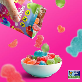 Close-up of vibrant Shameless Snacks gummies showing chewy texture and fruity flavors.