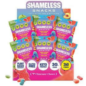 Shameless Snacks Sweet & Sour All-Stars bag open with colorful gummies for on-the-go snacking.