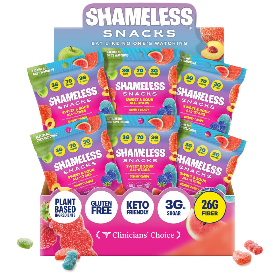 Shameless Snacks Sweet & Sour All-Stars bag open with colorful gummies for on-the-go snacking.