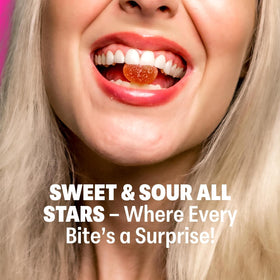 Peach flavor gummy from the All-Stars mix, bright orange hue.
