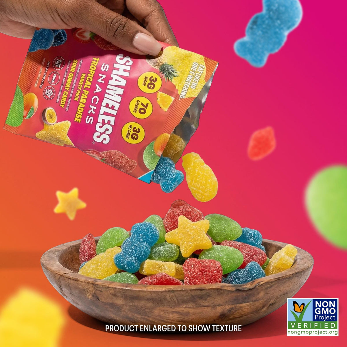 Open Shameless Tropical Paradise bag revealing five mixed flavors