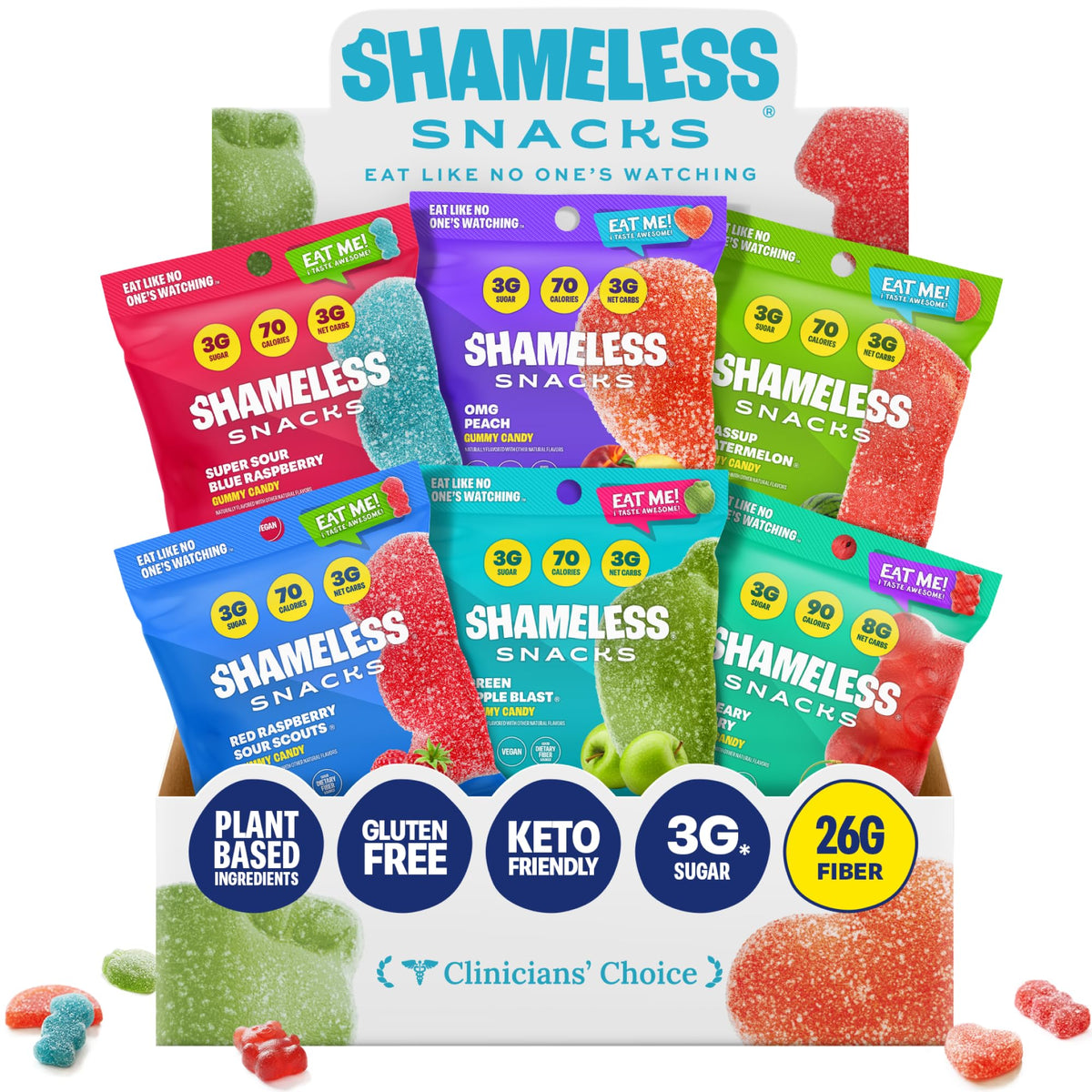 Shameless Snacks variety pack with colorful gummies ideal for family snacking.