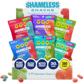 Shameless Snacks variety pack with colorful gummies ideal for family snacking.