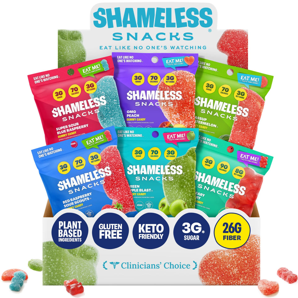 Shameless Snacks variety pack with colorful gummies ideal for family snacking.