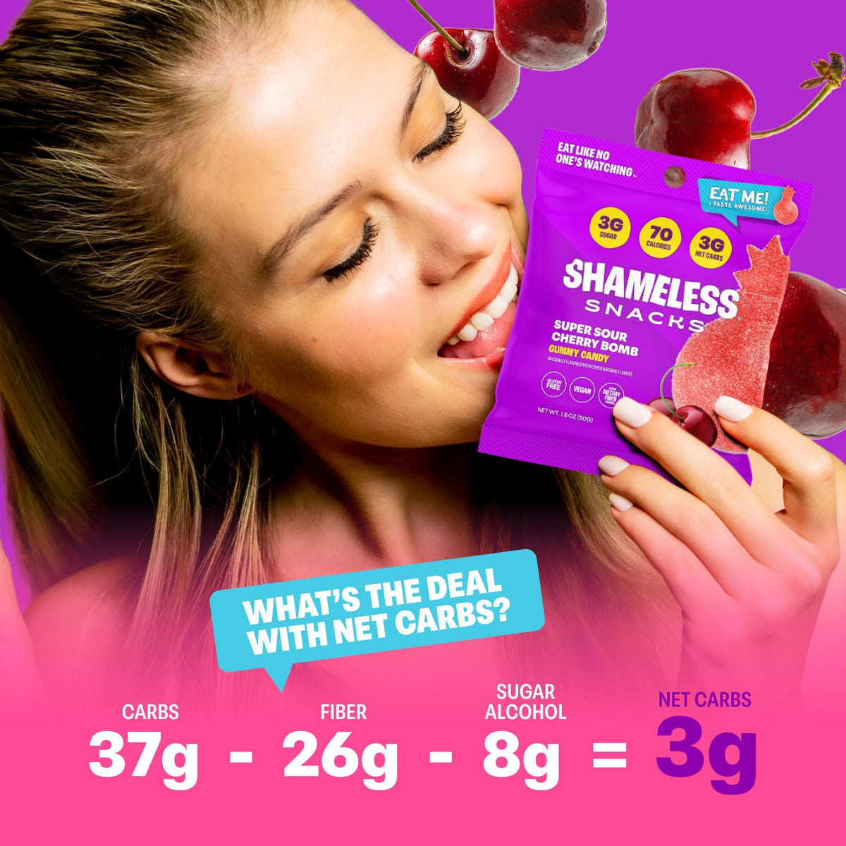 Shameless Sour Cherry Bomb keto-friendly option with 3g net carbs per serving.
