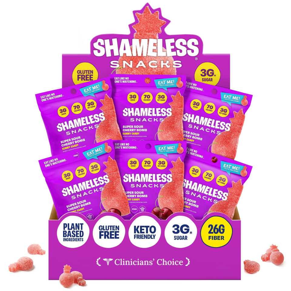 Shameless Sour Cherry Bomb bag close-up highlighting tangy flavor and chewy texture.