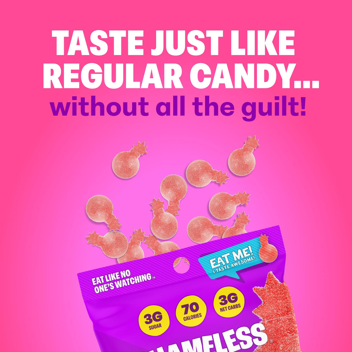 Shameless Sour Cherry Bomb gummies array highlights vibrant red color and fruit-forward notes.