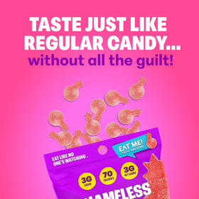 Shameless Sour Cherry Bomb gummies array highlights vibrant red color and fruit-forward notes.