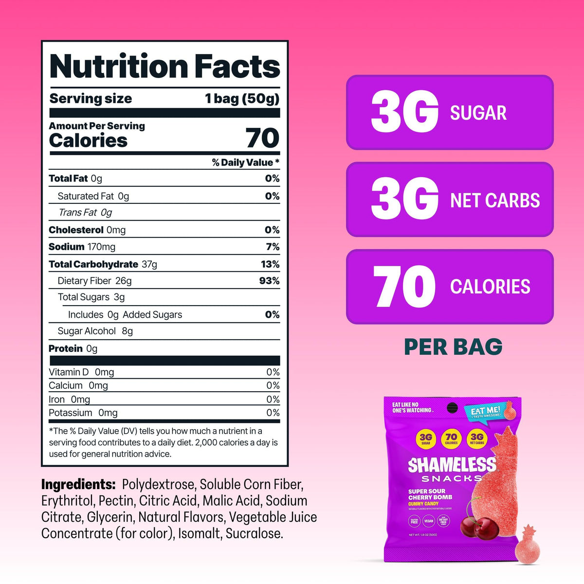 Shameless Sour Cherry Bomb nutrition badge emphasizes 3g sugar and 70 calories per bag.