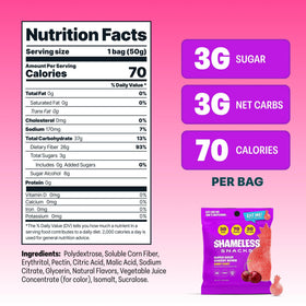 Shameless Sour Cherry Bomb nutrition badge emphasizes 3g sugar and 70 calories per bag.