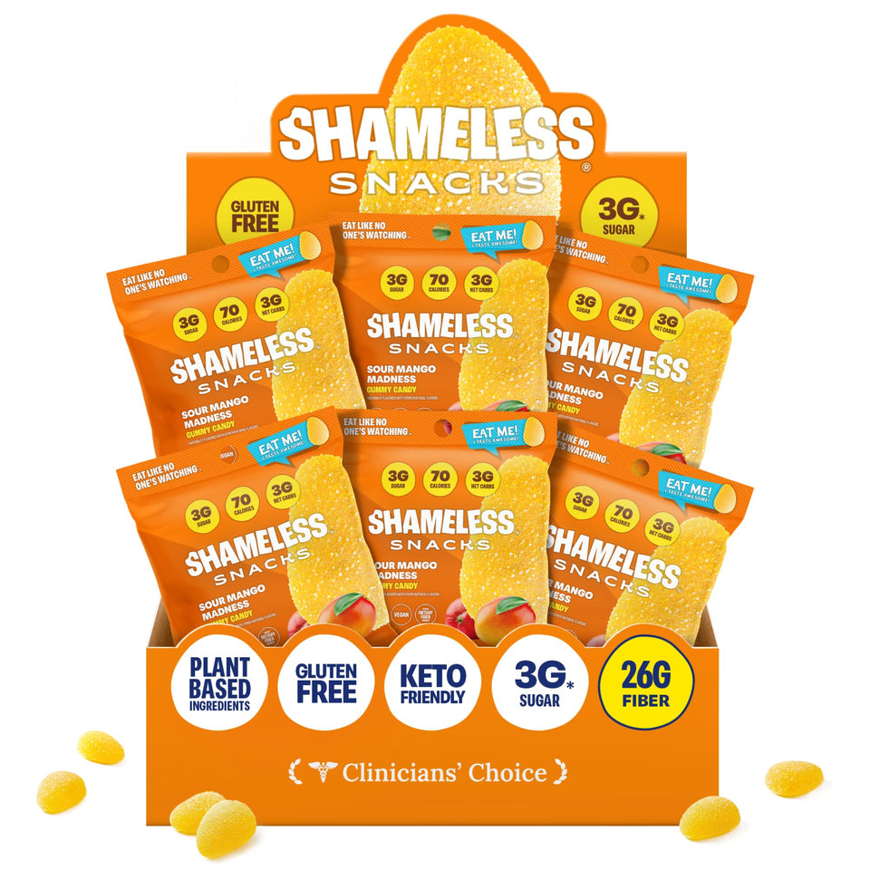 Shameless Sour Mango Madness bag displayed with tropical mango branding and vibrant colors.
