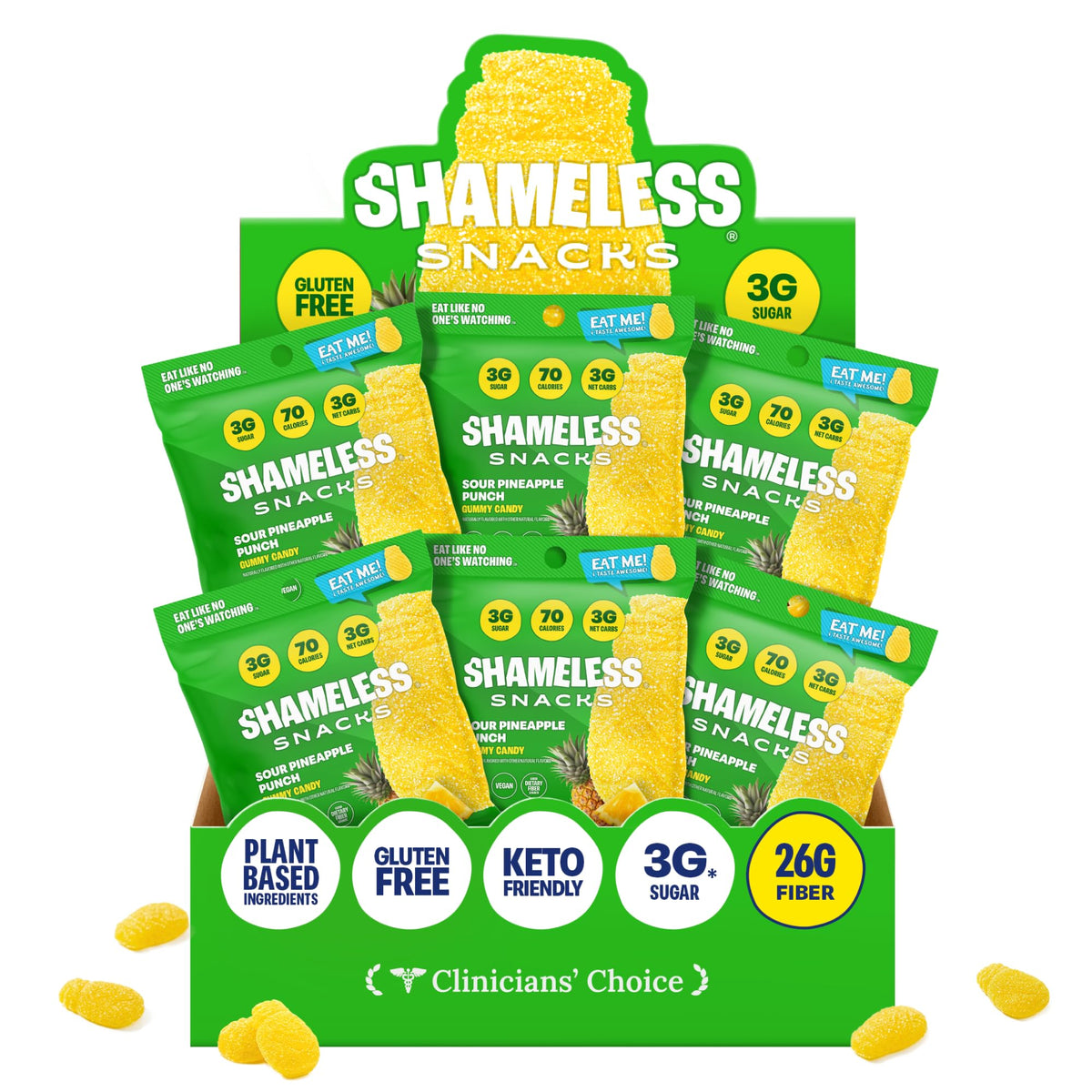 Shameless Sour Pineapple Punch gummies in a bag, ideal for movie nights.