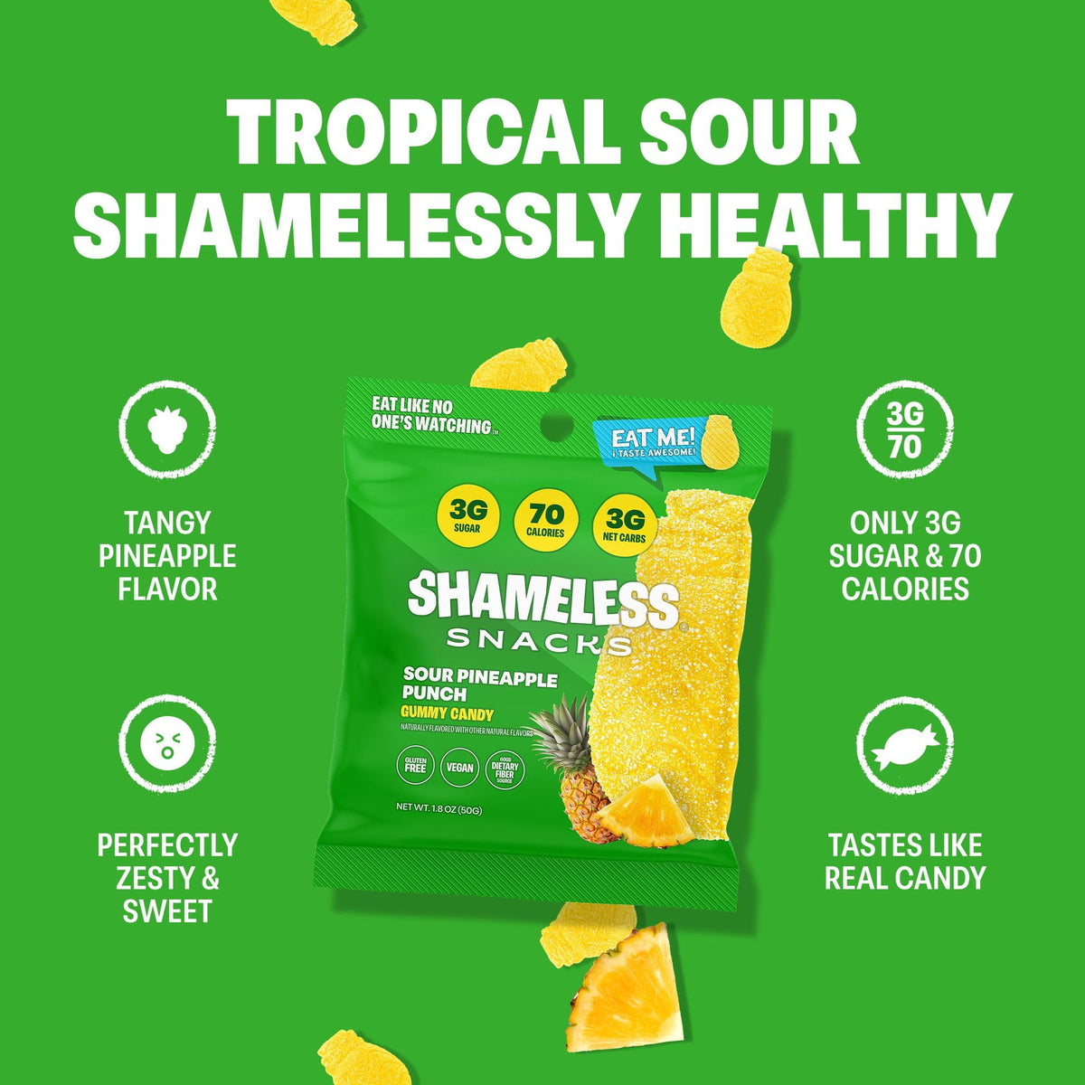 Close-up of Shameless Sour Pineapple Punch gummies with tropical pineapple flavor.