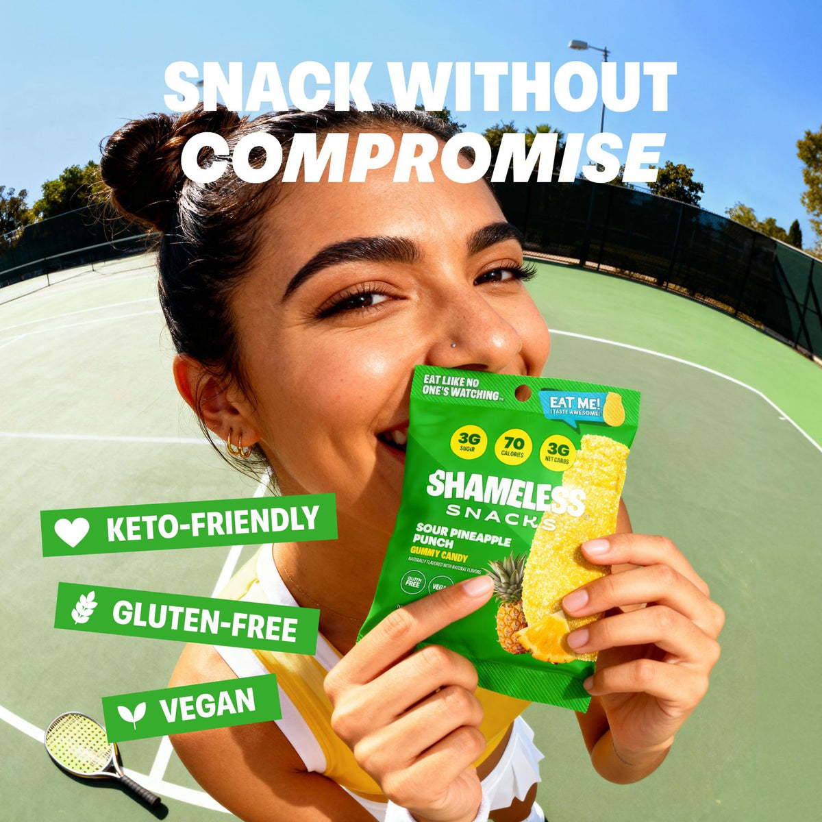 Front view of Shameless Sour Pineapple Punch packaging, keto-friendly bulk candy.