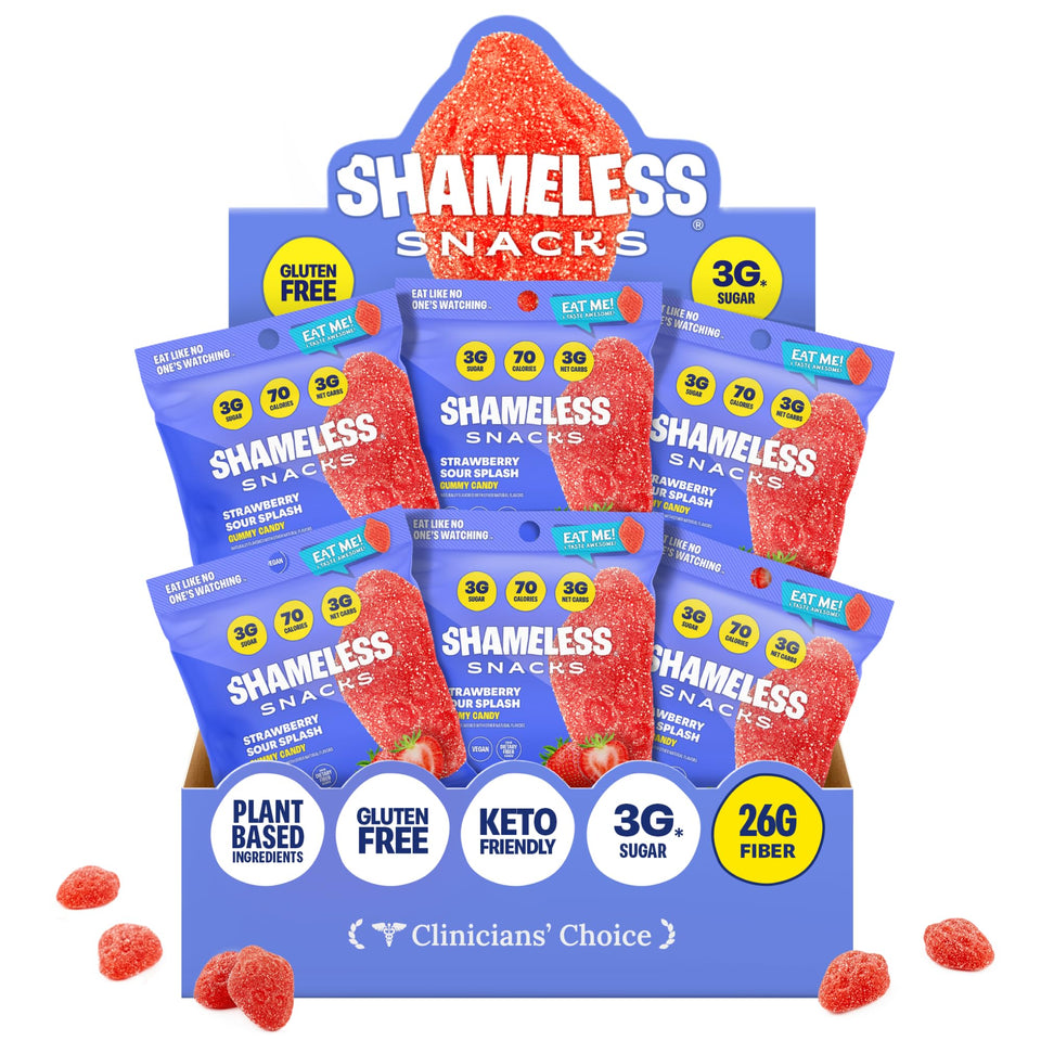 Shameless Strawberry Sour Splash gummies in bag show bold flavor for on-the-go snacking
