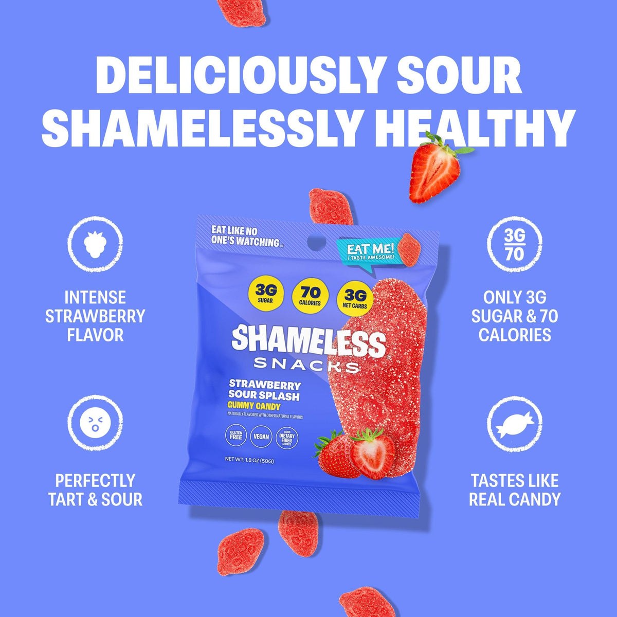 Close-up of Shameless gummies reveals juicy texture, great for kids treats