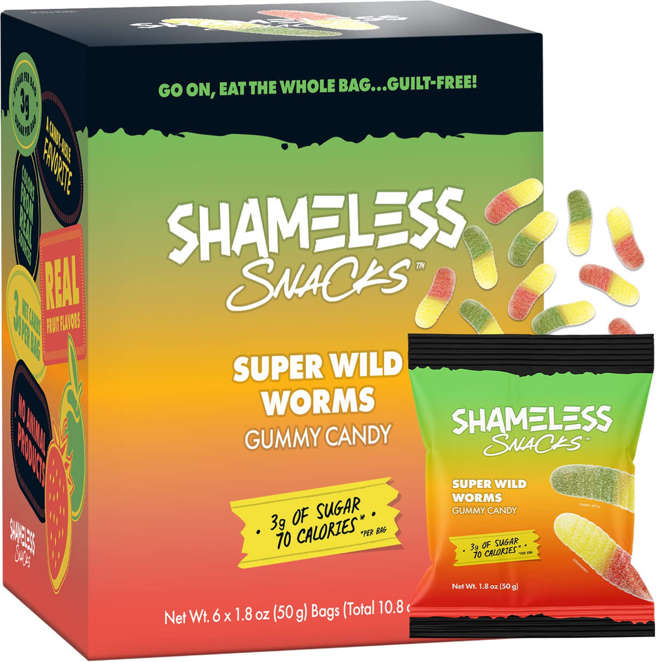 Shameless Super Wild Worms gummies pack - keto-friendly, gluten-free, low-calorie snack