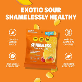 Shameless Sour Mango Madness gummies close-up showing chewy texture and mango flavor.