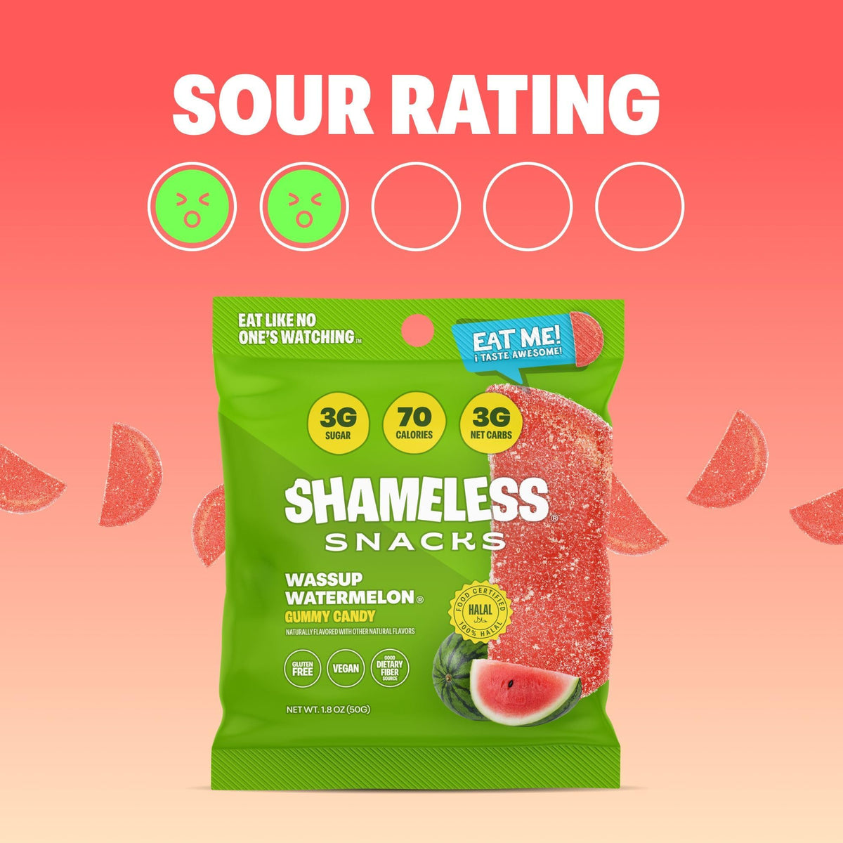 Shameless Wassup Watermelon gummies emphasize 3g sugar per bag for mindful snacking.