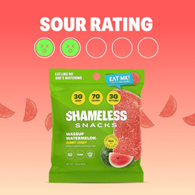 Shameless Wassup Watermelon gummies emphasize 3g sugar per bag for mindful snacking.