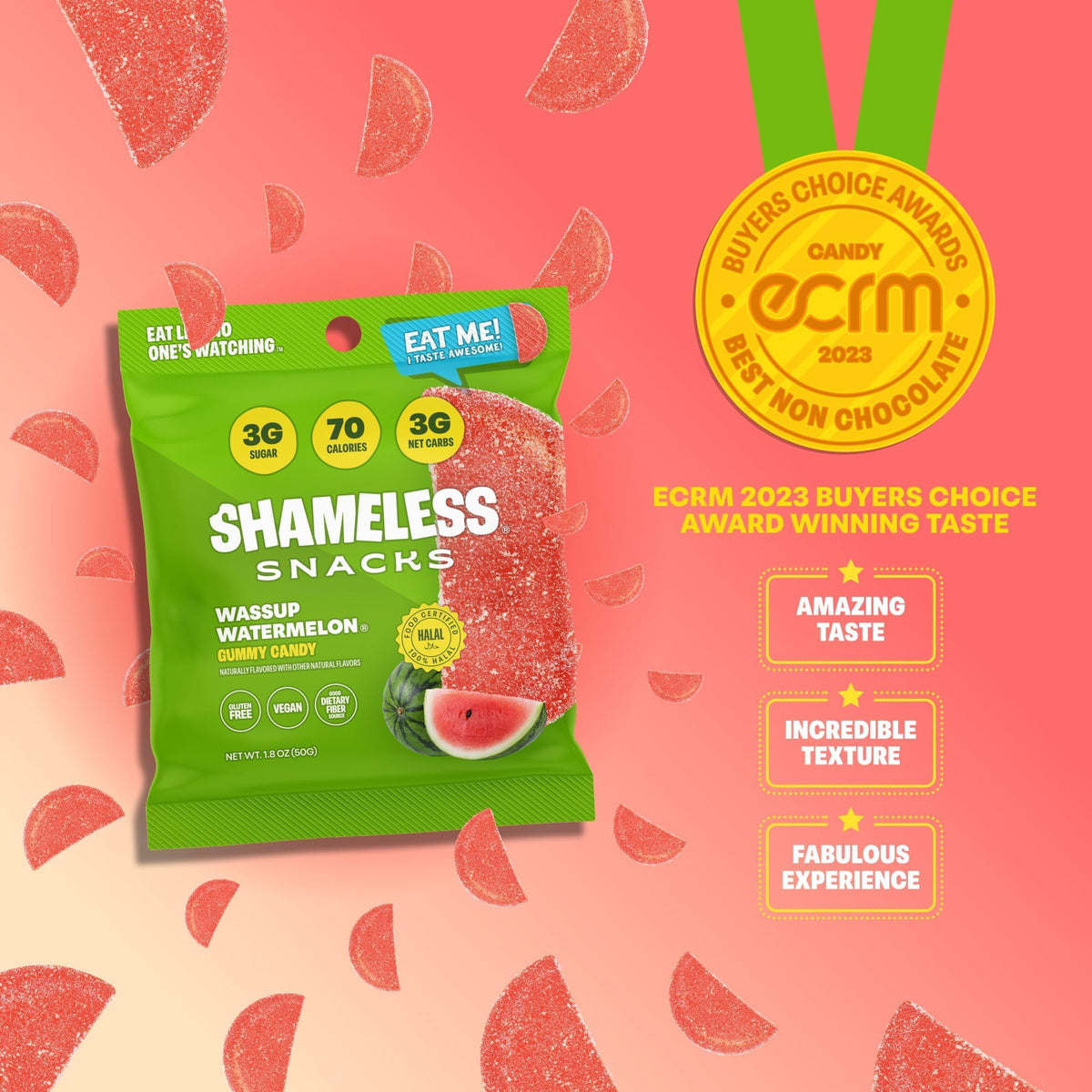 Shameless Wassup Watermelon gluten-free label on gummy bag.