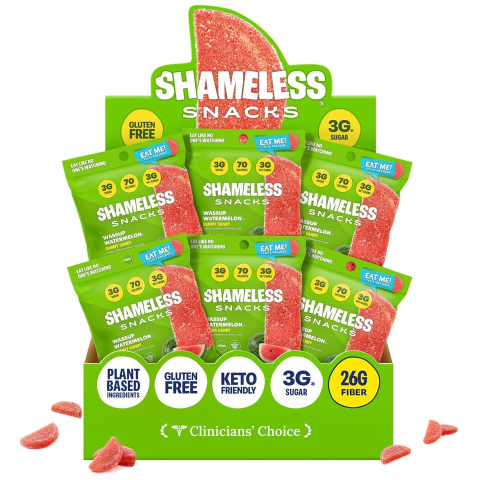 Shameless Wassup Watermelon gummy bag for quick, low-sugar snacking.