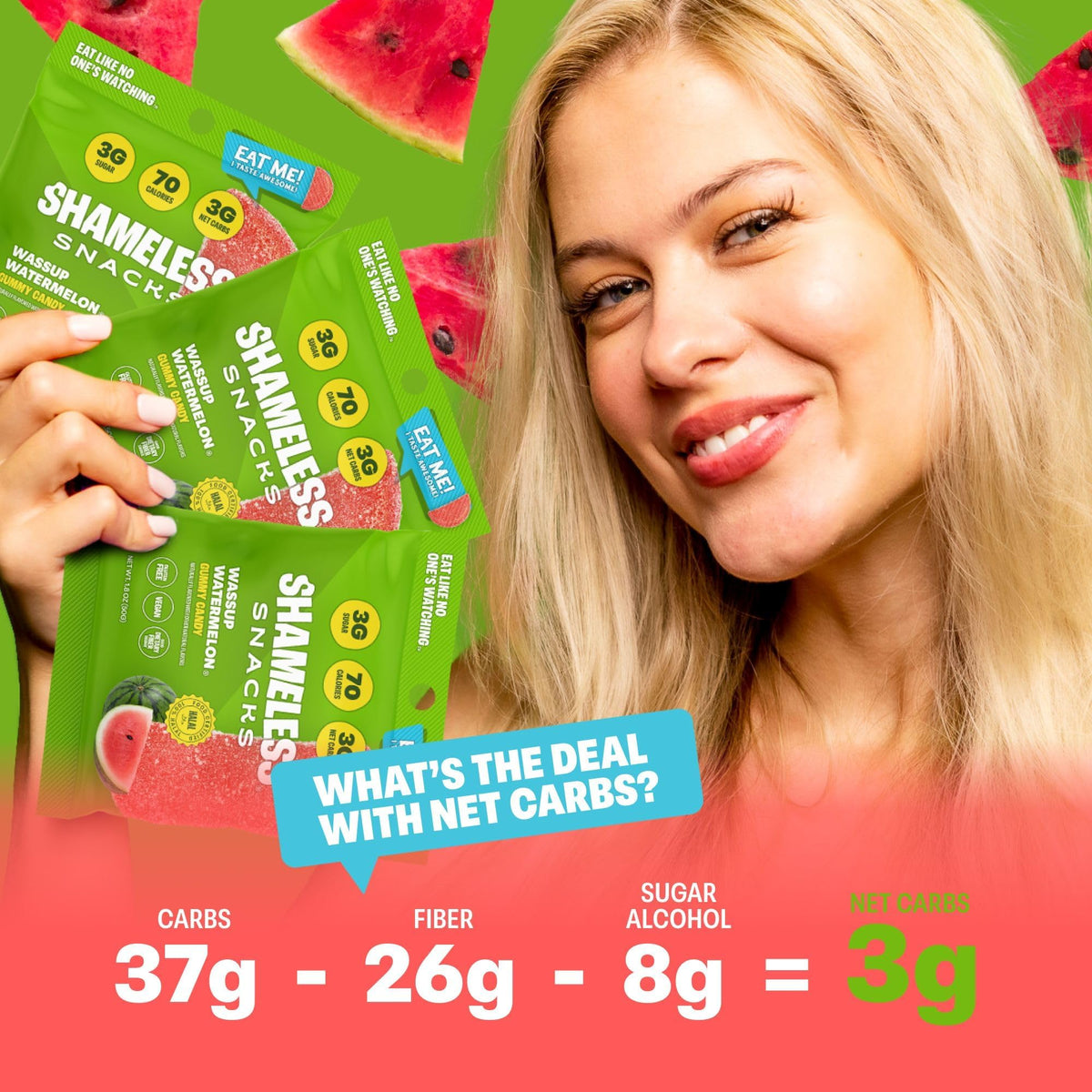 Shameless Wassup Watermelon gummies ready for movie night on a kitchen counter.