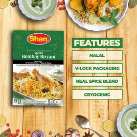 Shan Biryani Masala 50g back of packet with cooking instructions.