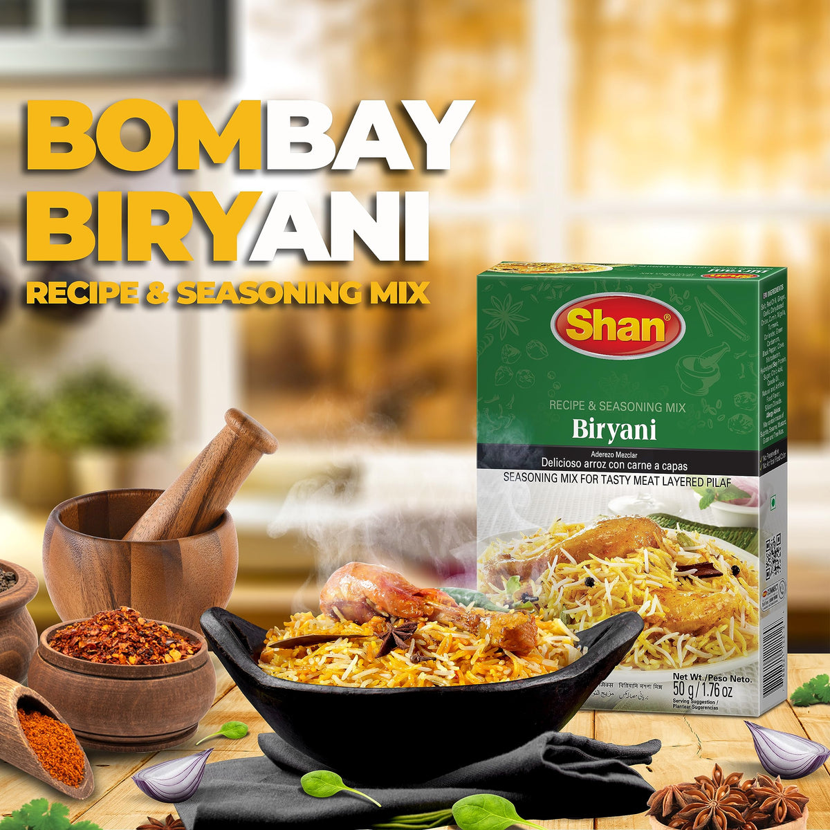 Assorted Shan Biryani Masala ingredients and spices for authenticity.