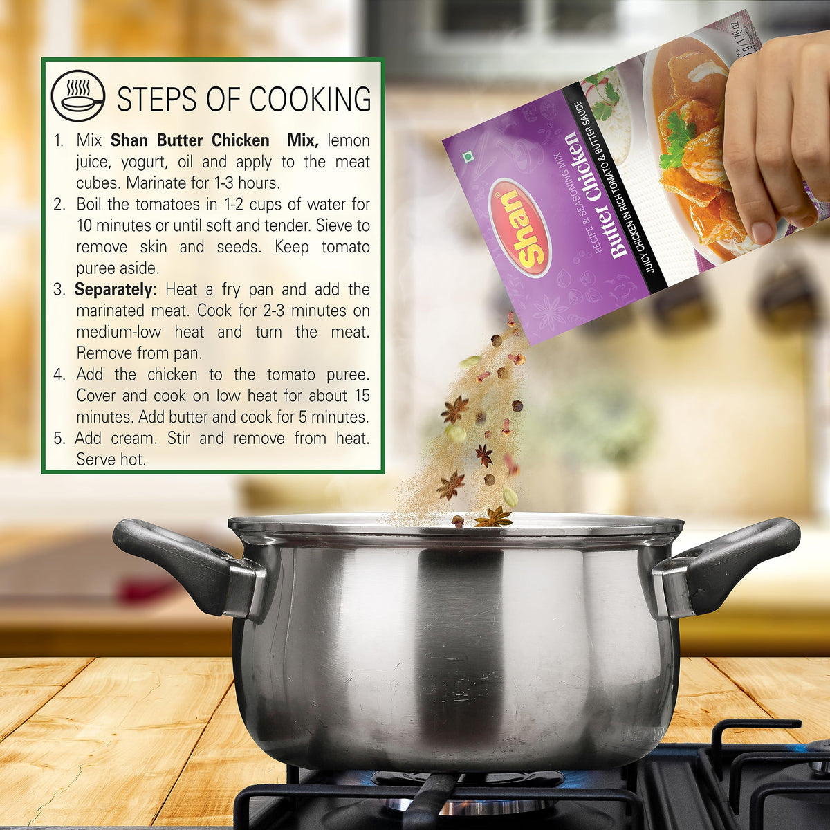 Shan Butter Chicken box back with prep instructions for simple cooking