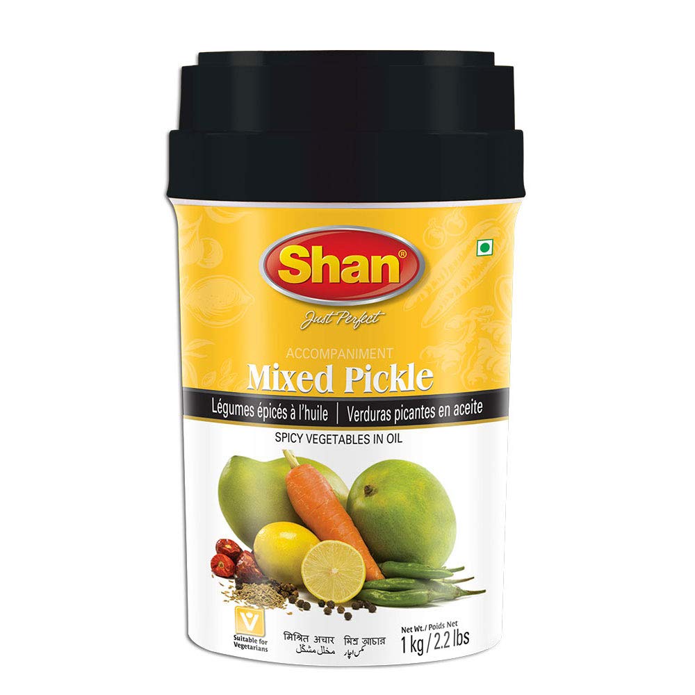 Shan Mixed Pickle jar close-up, mango-carrot-lemon-chili flavors to enhance meals.